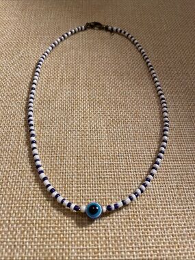 Helena Blue and White Beaded Necklace with Evil Eye Charm